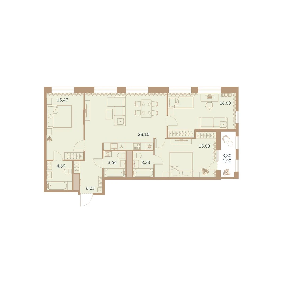 Планировка 3-комнатная 95,6 м² в клубном доме «Talento» — Клубный дом Talento