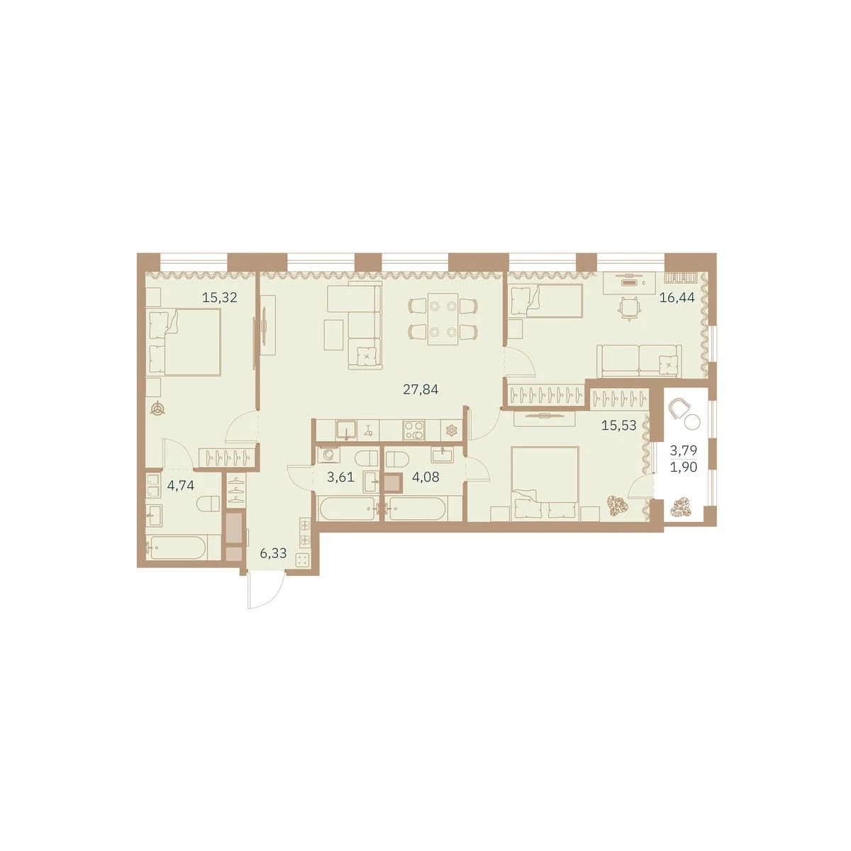 Планировка 3-комнатная 96,5 м² в клубном доме «Talento» — Клубный дом Talento